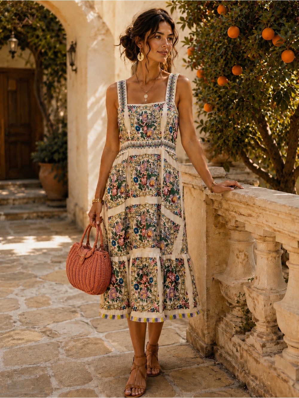 🆕Mediterranean Floral Printed Cream Midi Dress  S ptp 18” l 44” waist 31”